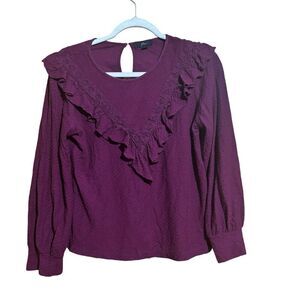 J Crew Top Womens Small Purple Stretch Ruffle Round Neck Stretch Blouse